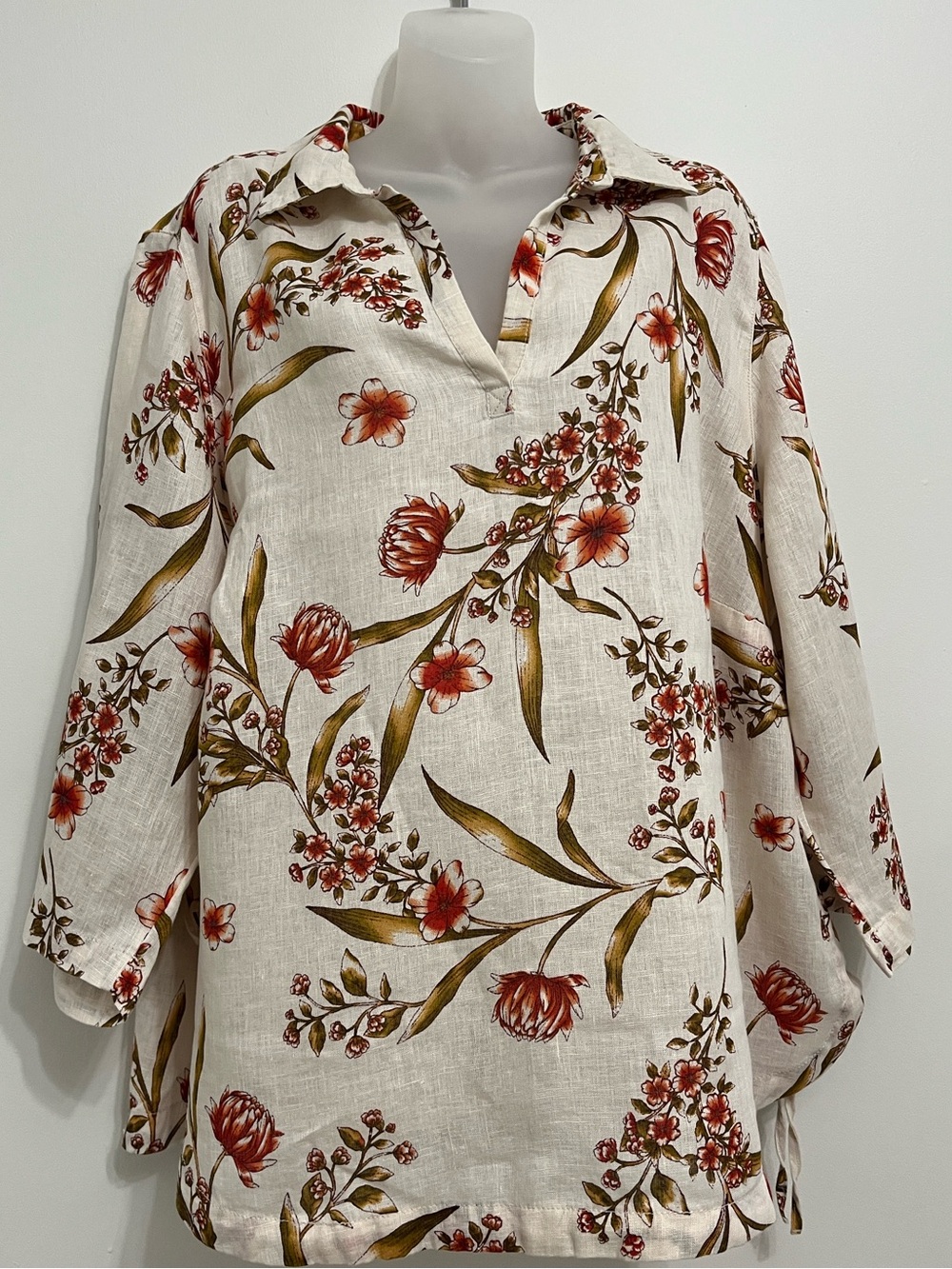 Tahari Linen Top with Red Floral Print
